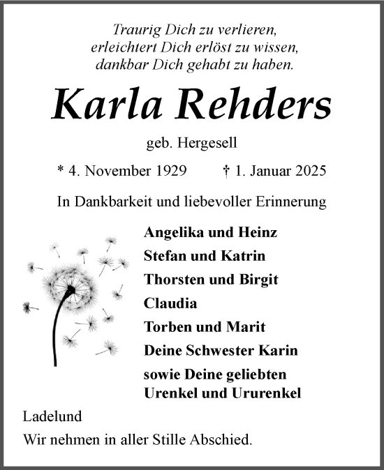 Traueranzeige von Karla Rehders von Husumer Nachrichten, Nordfriesland Tageblatt