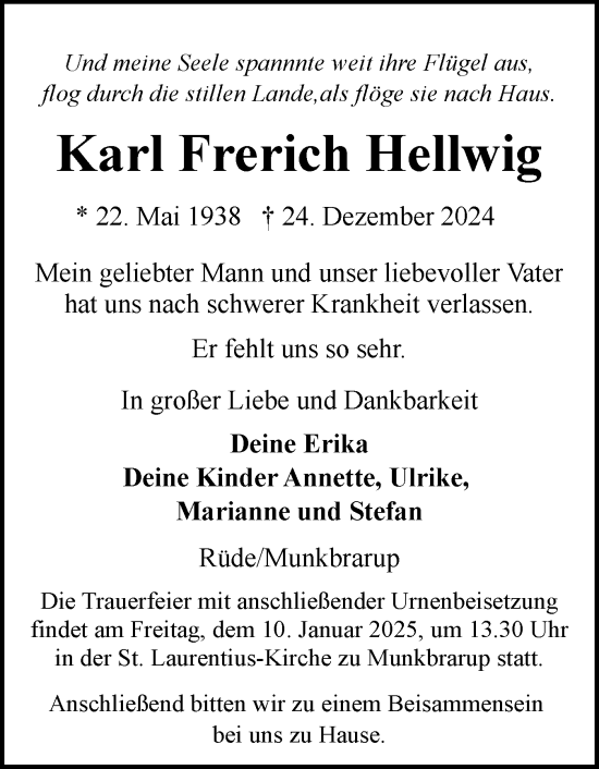 Traueranzeige von Karl Frerich Hellwig von Flensburger Tageblatt