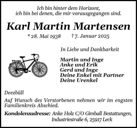 Traueranzeige von Karl Martin Martensen von Husumer Nachrichten, Nordfriesland Tageblatt