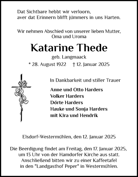 Traueranzeige von Katarine Thede von Schleswig-Holsteinische Landeszeitung