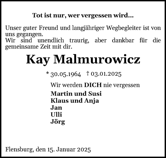 Traueranzeige von Kay Malmurowicz von Flensburger Tageblatt