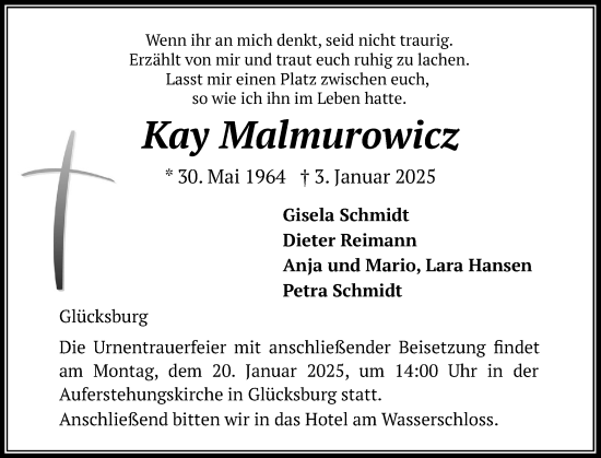 Traueranzeige von Kay Malmurowicz von Flensburger Tageblatt