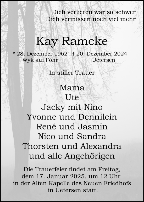 Traueranzeige von Kay Ramcke von Uetersener Nachrichten, Der tip am Wochenende