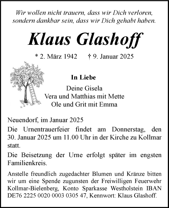 Traueranzeige von Klaus Glashoff von Region Steinburg-Elmshorn