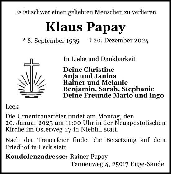 Traueranzeige von Klaus Papay von Region Flensburg