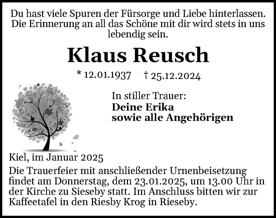 Traueranzeige von Klaus Reusch von Eckernförder Zeitung, Hallo Eckernförde