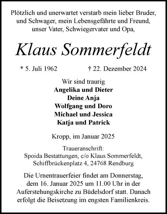 Traueranzeige von Klaus Sommerfeldt von Schleswig-Holsteinische Landeszeitung