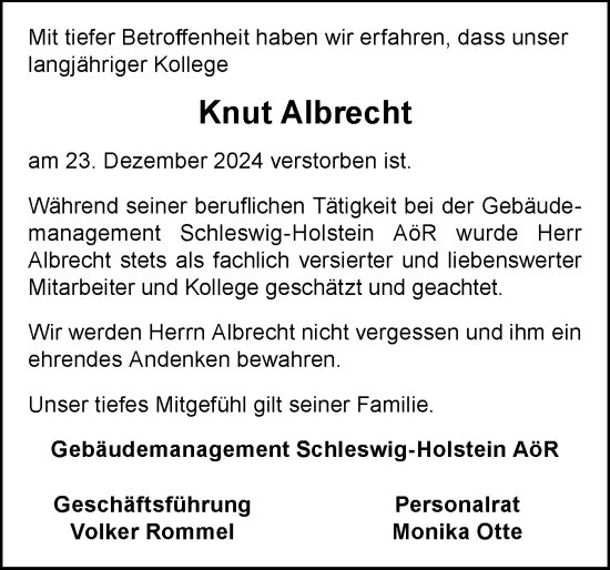 Traueranzeige von Knut Albrecht von Eckernförder Zeitung