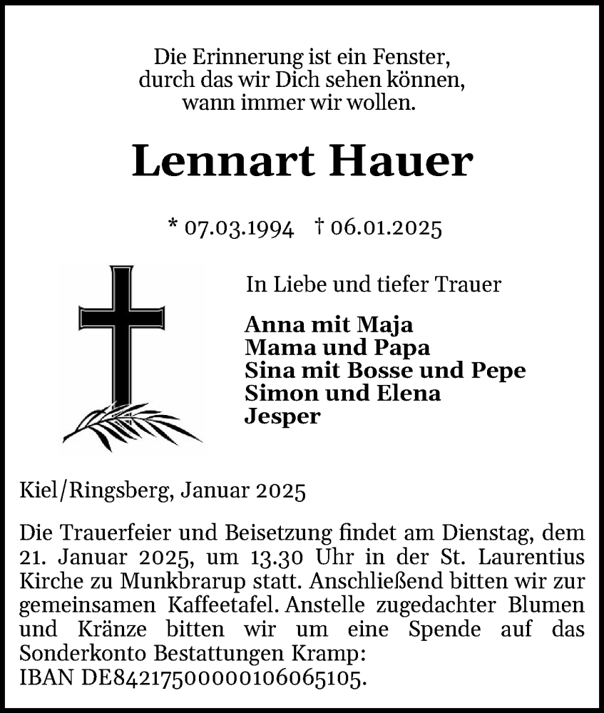  Traueranzeige für Lennart Hauer vom 11.01.2025 aus Flensburger Tageblatt