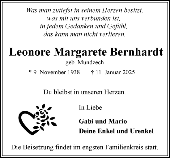 Traueranzeige von Leonore Margarete Bernhardt von Flensburger Tageblatt