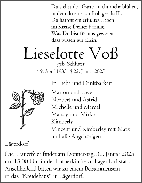 Traueranzeige von Lieselotte Voß von Norddeutsche Rundschau, Wilstersche Zeitung, Glückstädter Fortuna