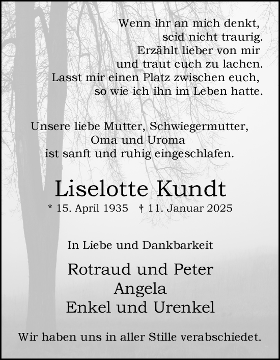 Traueranzeige von Liselotte Kundt von Uetersener Nachrichten, Der tip am Wochenende
