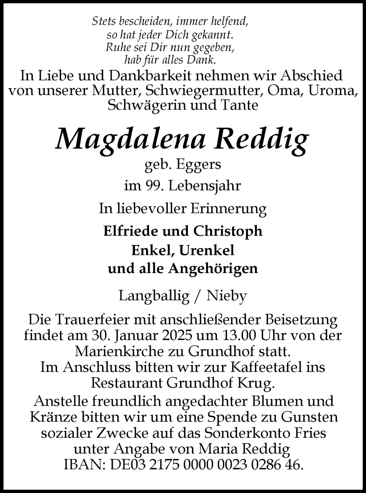  Traueranzeige für Magdalena Reddig vom 25.01.2025 aus Flensburger Tageblatt