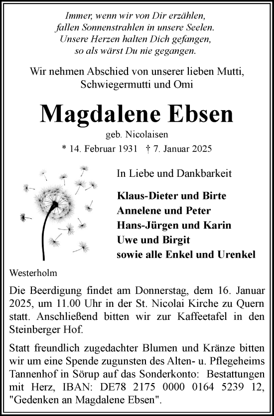 Traueranzeige von Magdalene Ebsen von Flensburger Tageblatt