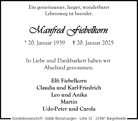 Traueranzeige von Manfred Fiebelkorn von MARKT Ahrensburg/Bargteheide/Trittau und Stormarner Tageblatt