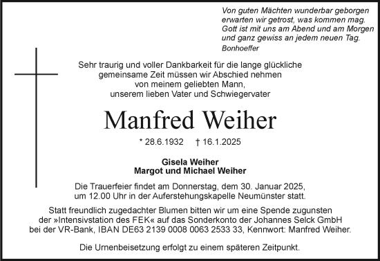 Traueranzeige von Manfred Weiher von Holsteinischer Courier