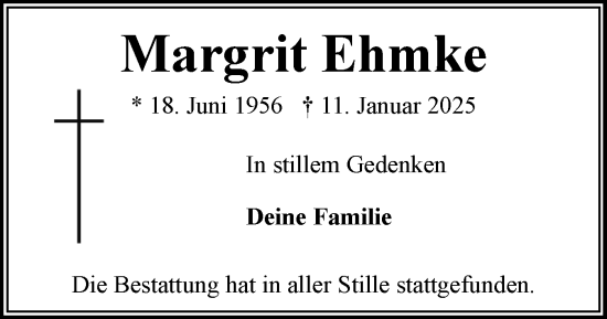 Traueranzeige von Margrit Ehmke von Flensburger Tageblatt