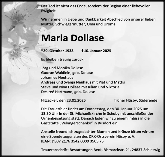 Traueranzeige von Maria Dollase von Schleswiger Nachrichten, Schlei-Bote