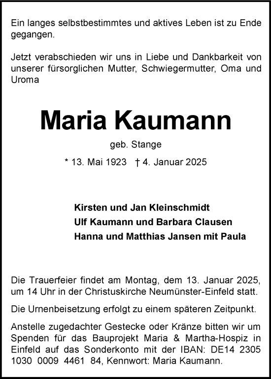 Traueranzeige von Maria Kaumann von Holsteinischer Courier