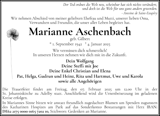 Traueranzeige von Marianne Aschenbach von Flensburger Tageblatt
