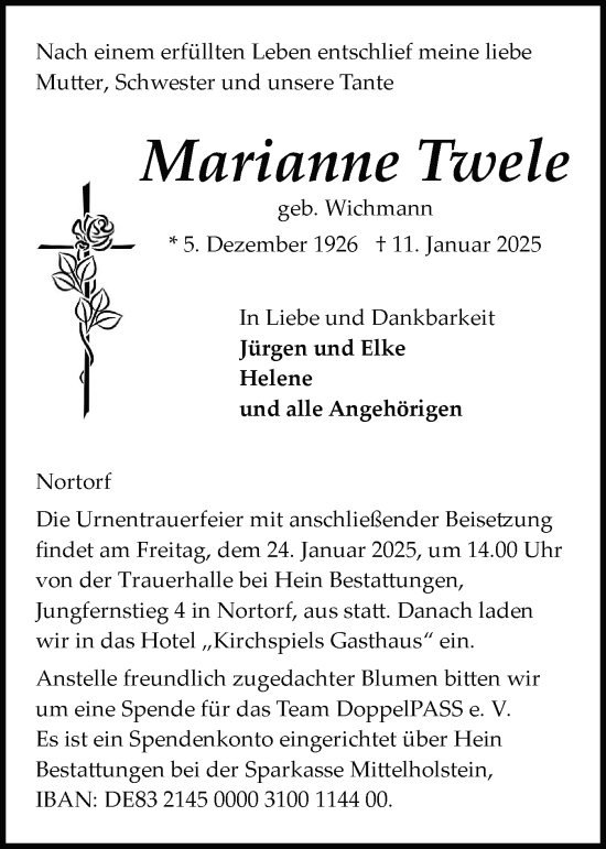 Traueranzeige von Marianne Twele von Schleswig-Holsteinische Landeszeitung