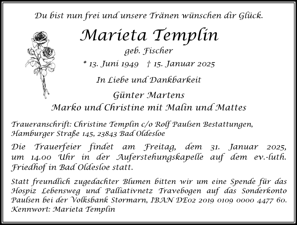  Traueranzeige für Marieta Templin vom 25.01.2025 aus MARKT Bad Oldesloe/Reinfeld und Stormarner Tageblatt