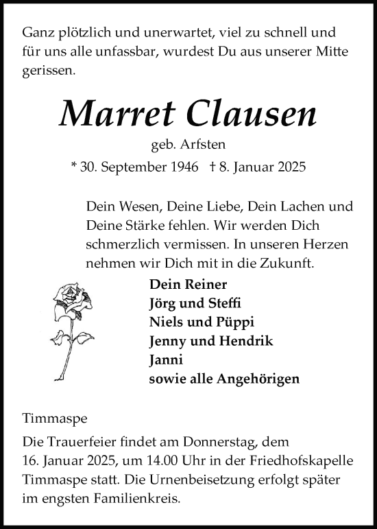 Traueranzeige von Marret Clausen von Schleswig-Holsteinische Landeszeitung