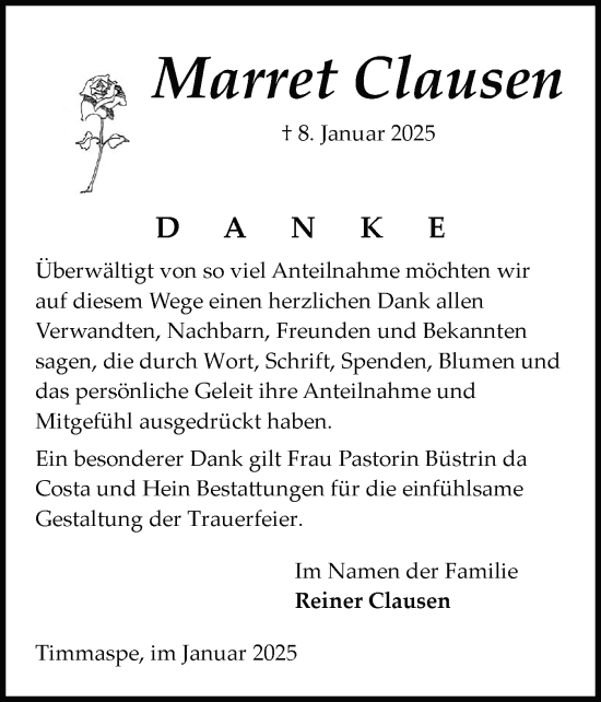 Traueranzeige von Marret Clausen von Schleswig-Holsteinische Landeszeitung