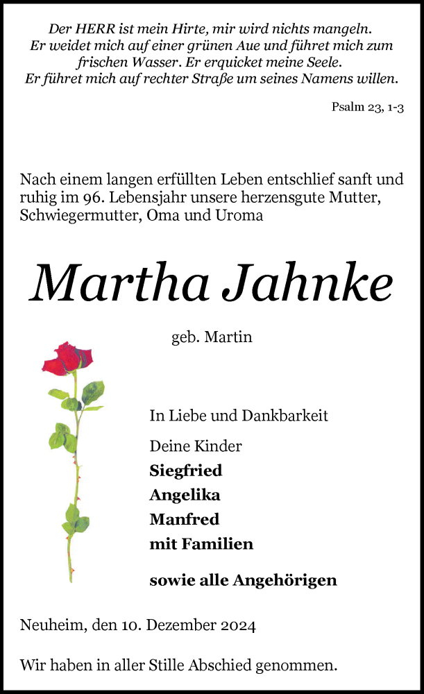  Traueranzeige für Martha Jahnke vom 28.12.2024 aus Schleswiger Nachrichten, Schlei-Bote