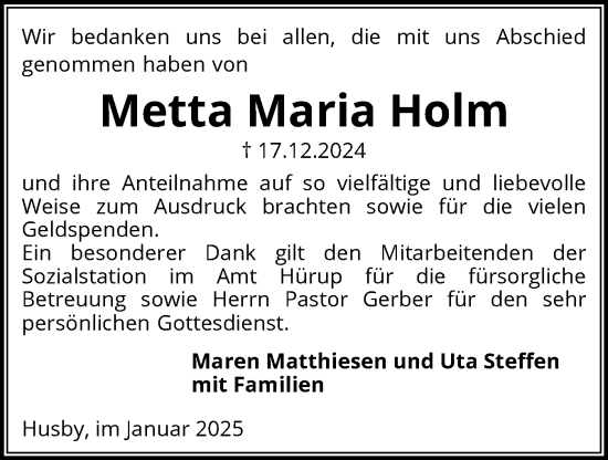 Traueranzeige von Metta Maria Holm von Flensburger Tageblatt