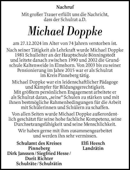 Traueranzeige von Michael Doppke von Elmshorner Nachrichten, Barmstedter Zeitung