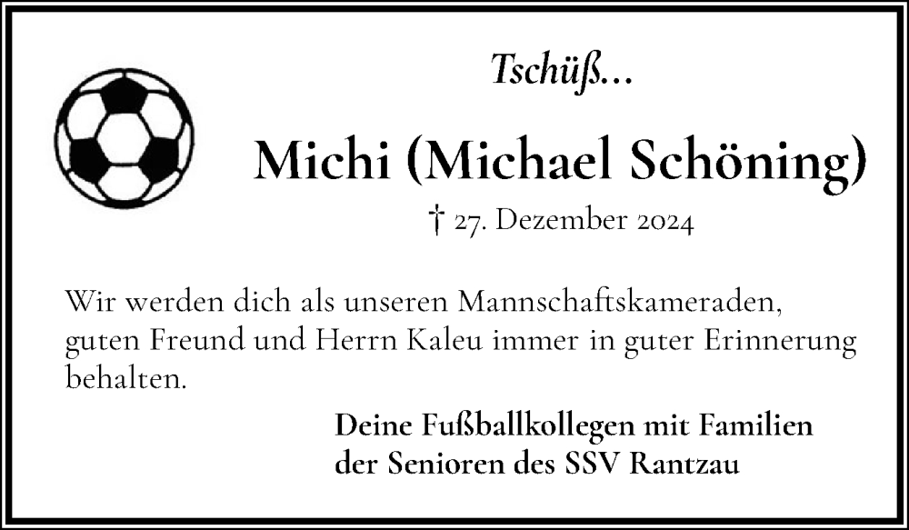  Traueranzeige für Michael Schöning vom 18.01.2025 aus Elmshorner Nachrichten, Barmstedter Zeitung