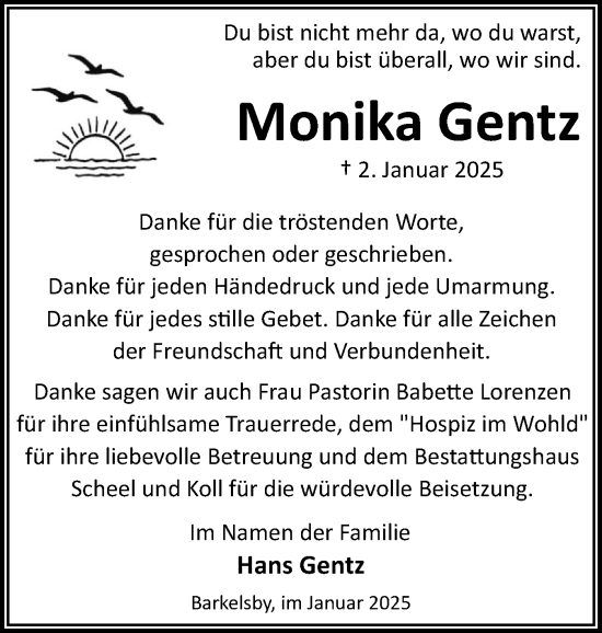 Traueranzeige von Monika Gentz von Eckernförder Zeitung, Hallo Eckernförde