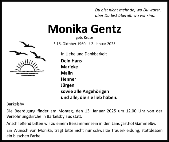 Traueranzeige von Monika Gentz von Eckernförder Zeitung, Hallo Eckernförde