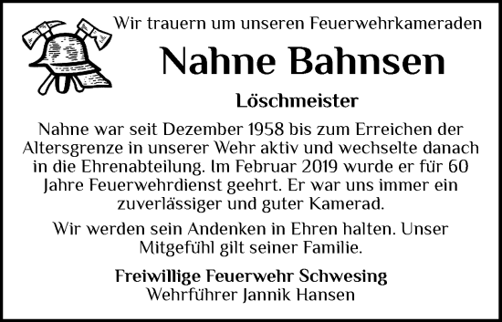 Traueranzeige von Nahne Bahnsen von Husumer Nachrichten, Nordfriesland Tageblatt