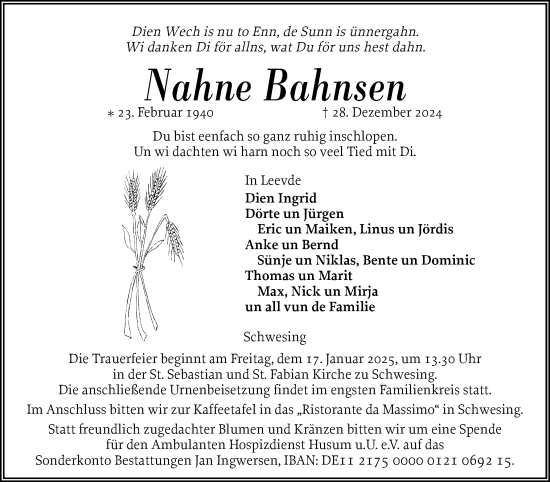 Traueranzeige von Nahne Bahnsen von Husumer Nachrichten, Nordfriesland Tageblatt