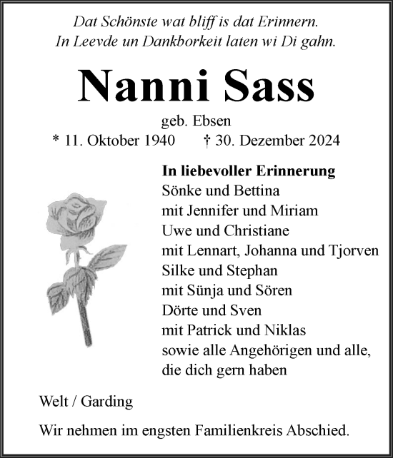 Traueranzeige von Nanni Sass von Husumer Nachrichten, Nordfriesland Tageblatt
