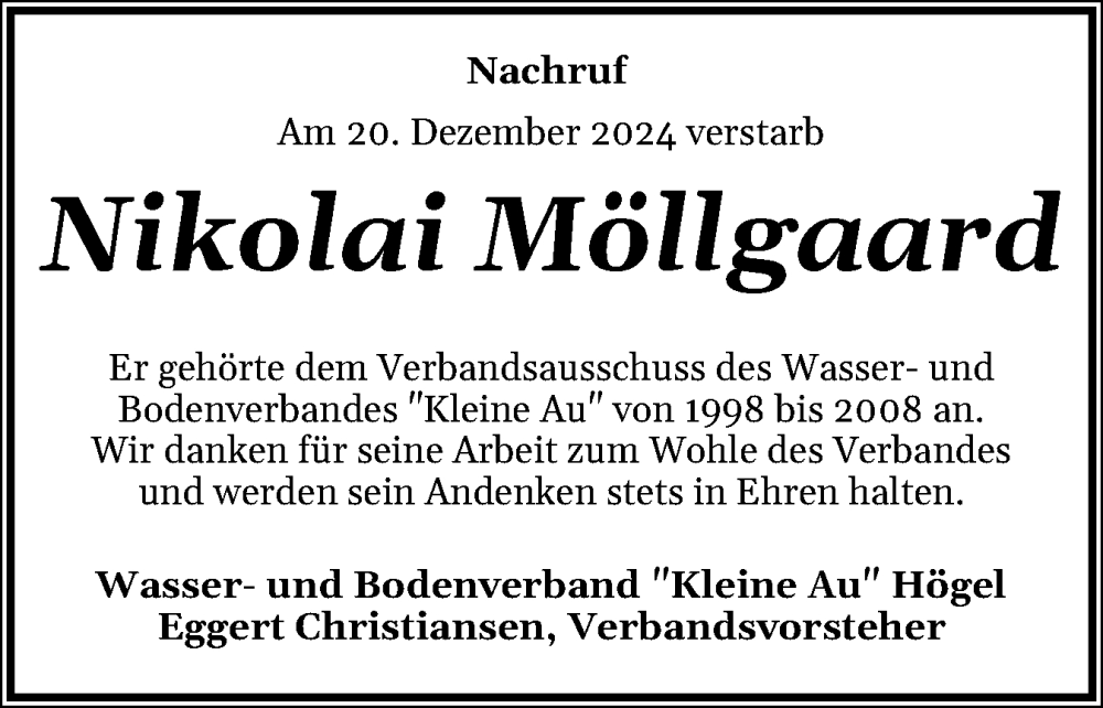  Traueranzeige für Nikolai Möllgaard vom 31.12.2024 aus Husumer Nachrichten, Nordfriesland Tageblatt