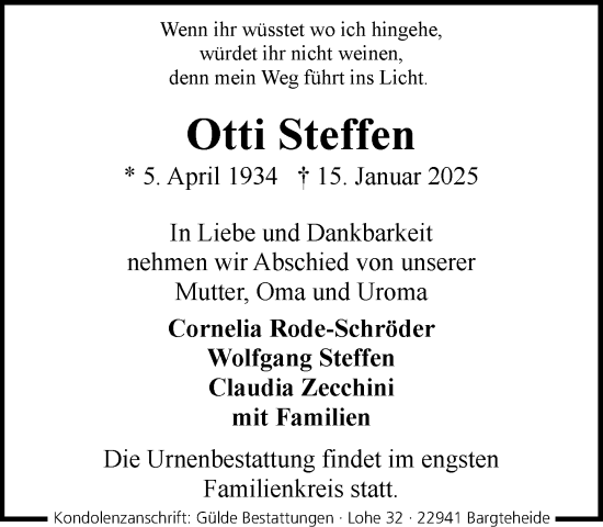 Traueranzeige von Otti Steffen von MARKT Ahrensburg/Bargteheide/Trittau und Stormarner Tageblatt