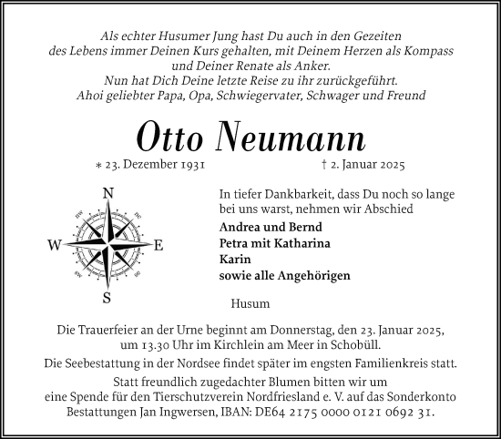 Traueranzeige von Otto Neumann von Husumer Nachrichten, Nordfriesland Tageblatt