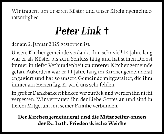 Traueranzeige von Peter Link von Flensburger Tageblatt