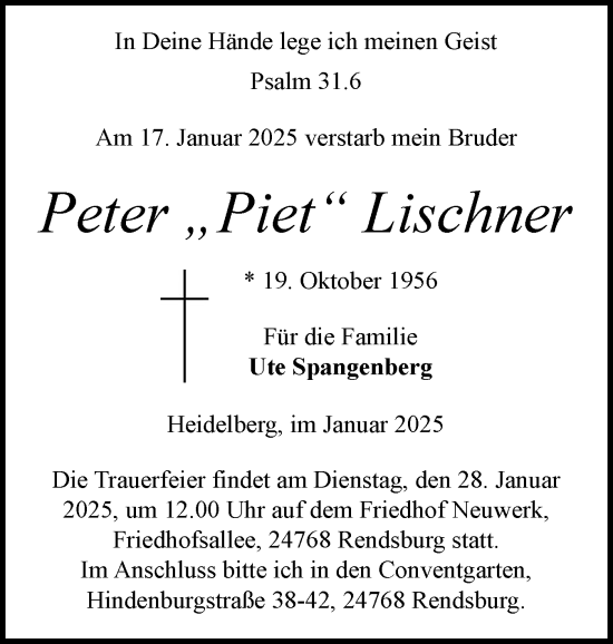 Traueranzeige von Peter Lischner von Schleswig-Holsteinische Landeszeitung