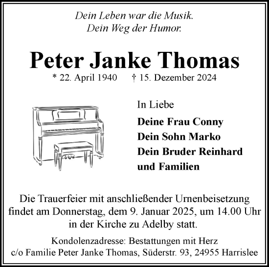 Traueranzeige von Peter Janke Thomas von Flensburger Tageblatt