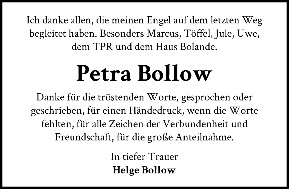  Traueranzeige für Petra Bollow vom 18.01.2025 aus MARKT Bad Oldesloe/Reinfeld und Stormarner Tageblatt