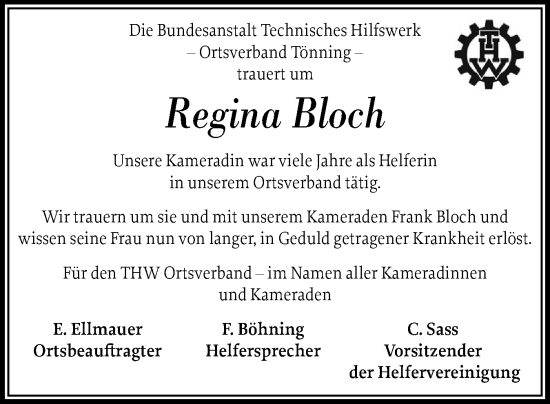 Traueranzeige von Regina Bloch von Husumer Nachrichten, Nordfriesland Tageblatt