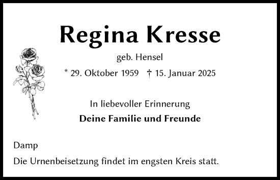 Traueranzeige von Regina Kresse von Eckernförder Zeitung, Hallo Eckernförde