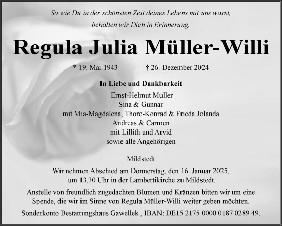 Traueranzeige von Regula Julia Müller-Willi von Husumer Nachrichten, Nordfriesland Tageblatt