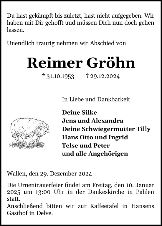 Traueranzeige von Reimer Gröhn von Schleswig-Holsteinische Landeszeitung