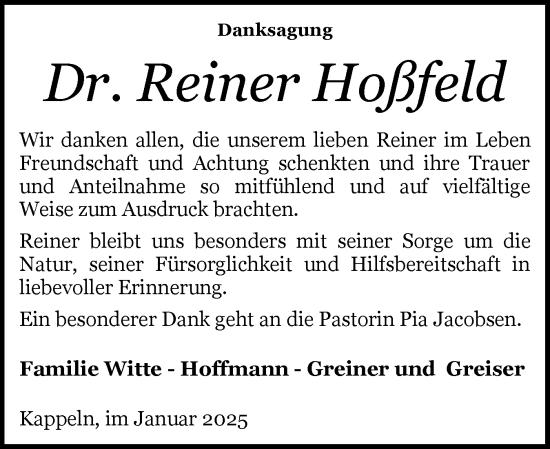 Traueranzeige von Reiner Hoßfeld von Schleswiger Nachrichten, Schlei-Bote