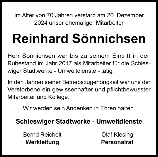 Traueranzeige von Reinhard Sönnichsen von Schleswiger Nachrichten, Schlei-Bote